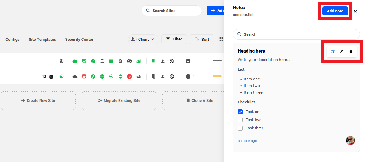 Allows the team member to create, edit, delete, and mark/unmark notes as favorites