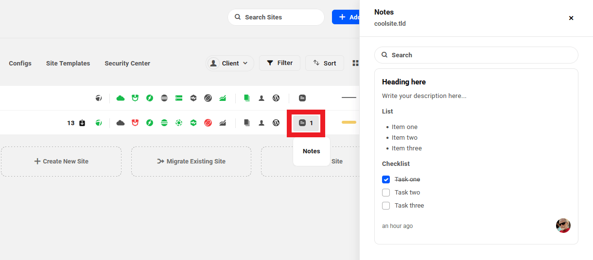 Allows the user to view the Notes icon and panel on the site list and site overview, and to search for notes