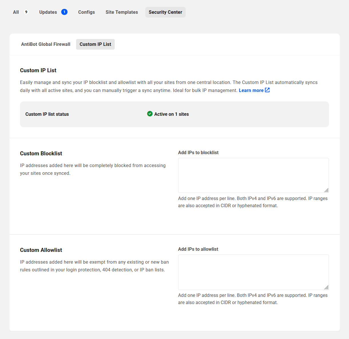 Allows the team member to access the Security Center and view the Custom IP List tab