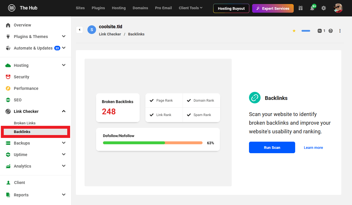 Allows the user to access the Backlinks module and view data