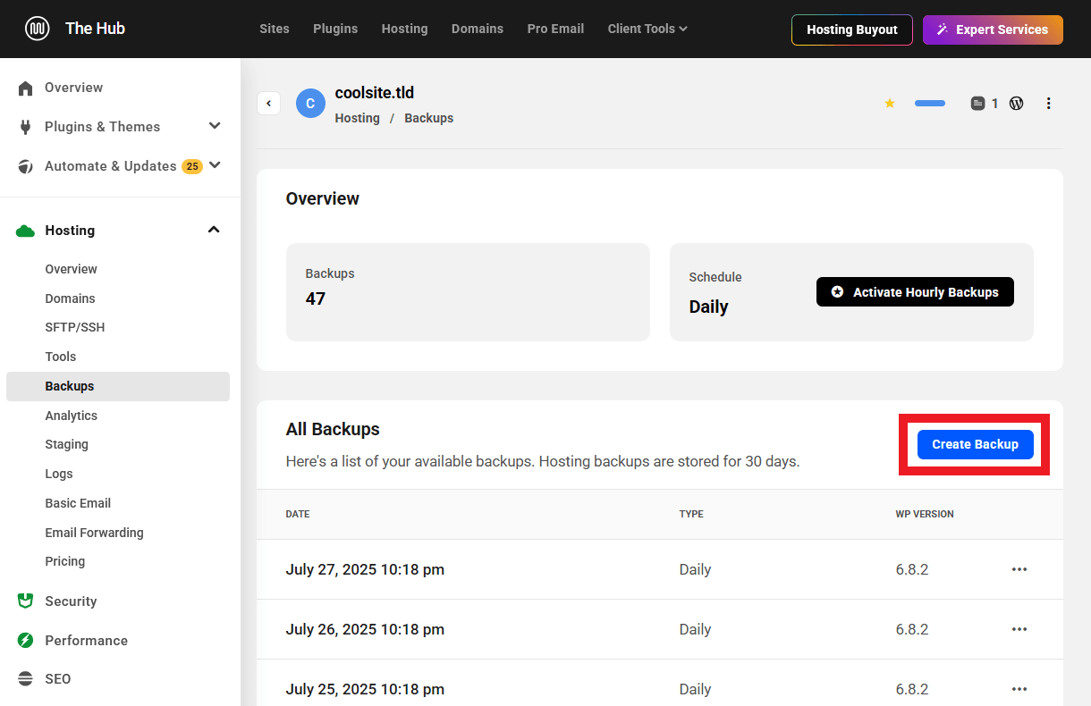 Allows the user to create a backup of a site