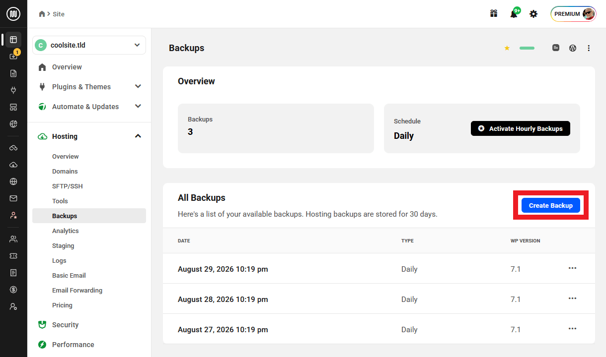 Allows the user to create a backup of a site
