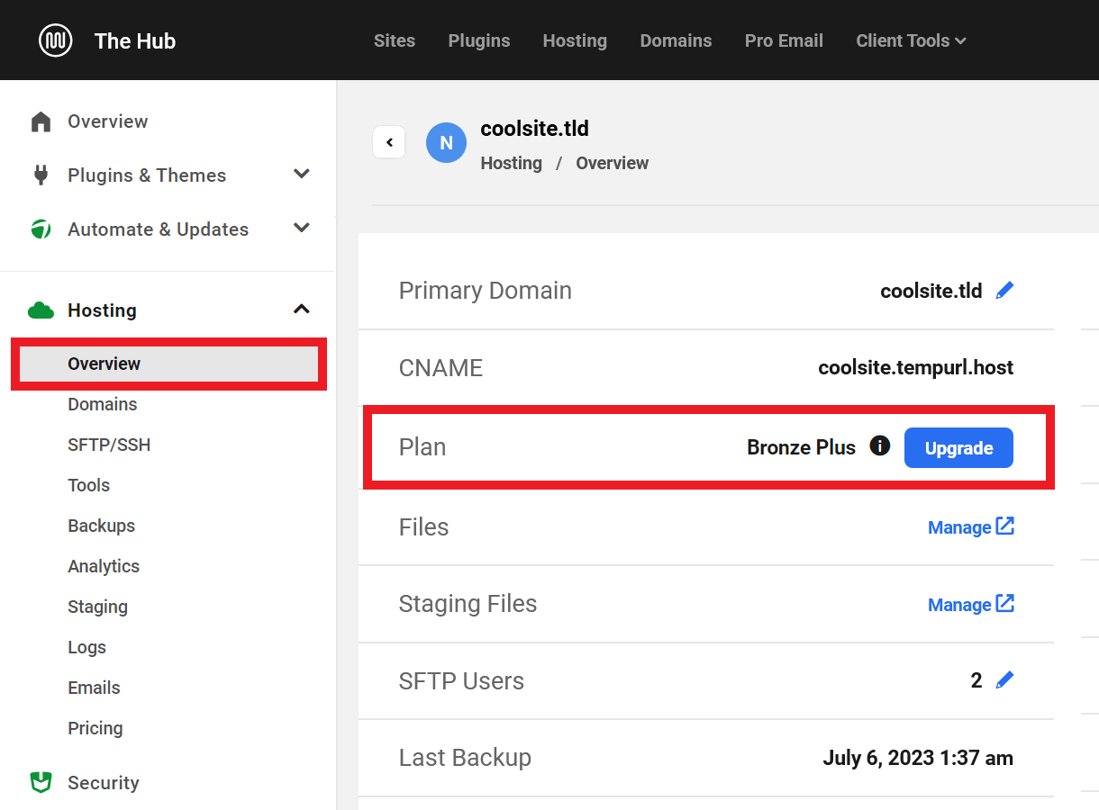 Upgrade the current WPMU DEV hosting plan for a site