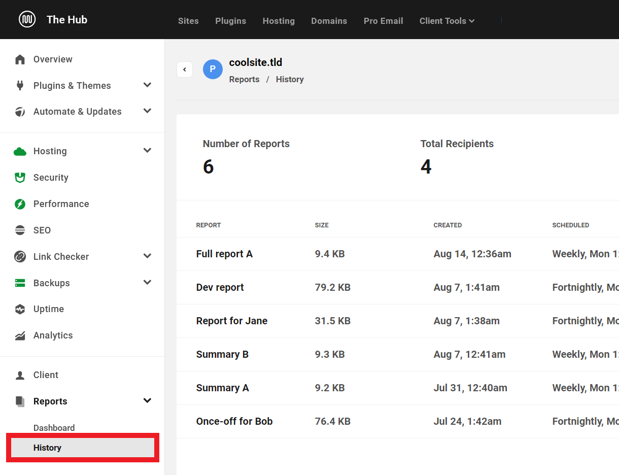 View a log of reports previously generated for a site