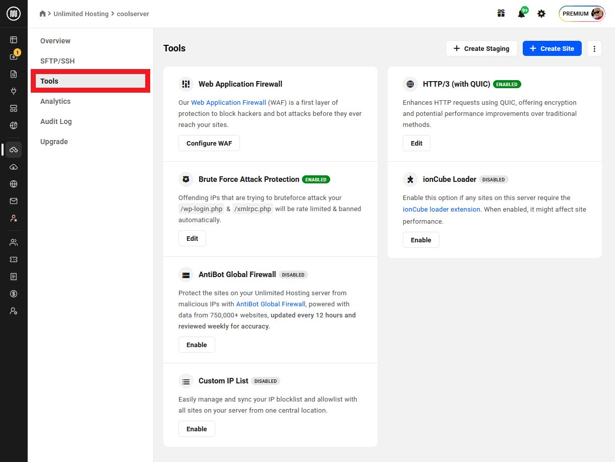 Allows the team member to enable, disable or configure all options on the Tools screen of any server