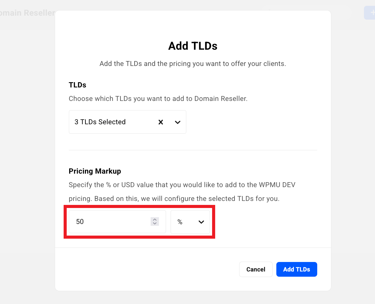Add pricing markup to TLDs in the Hub