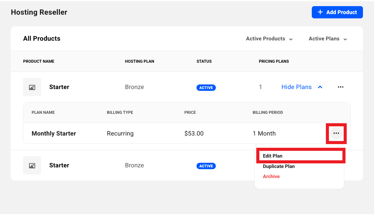 Edit a hosting reseller pricing plan