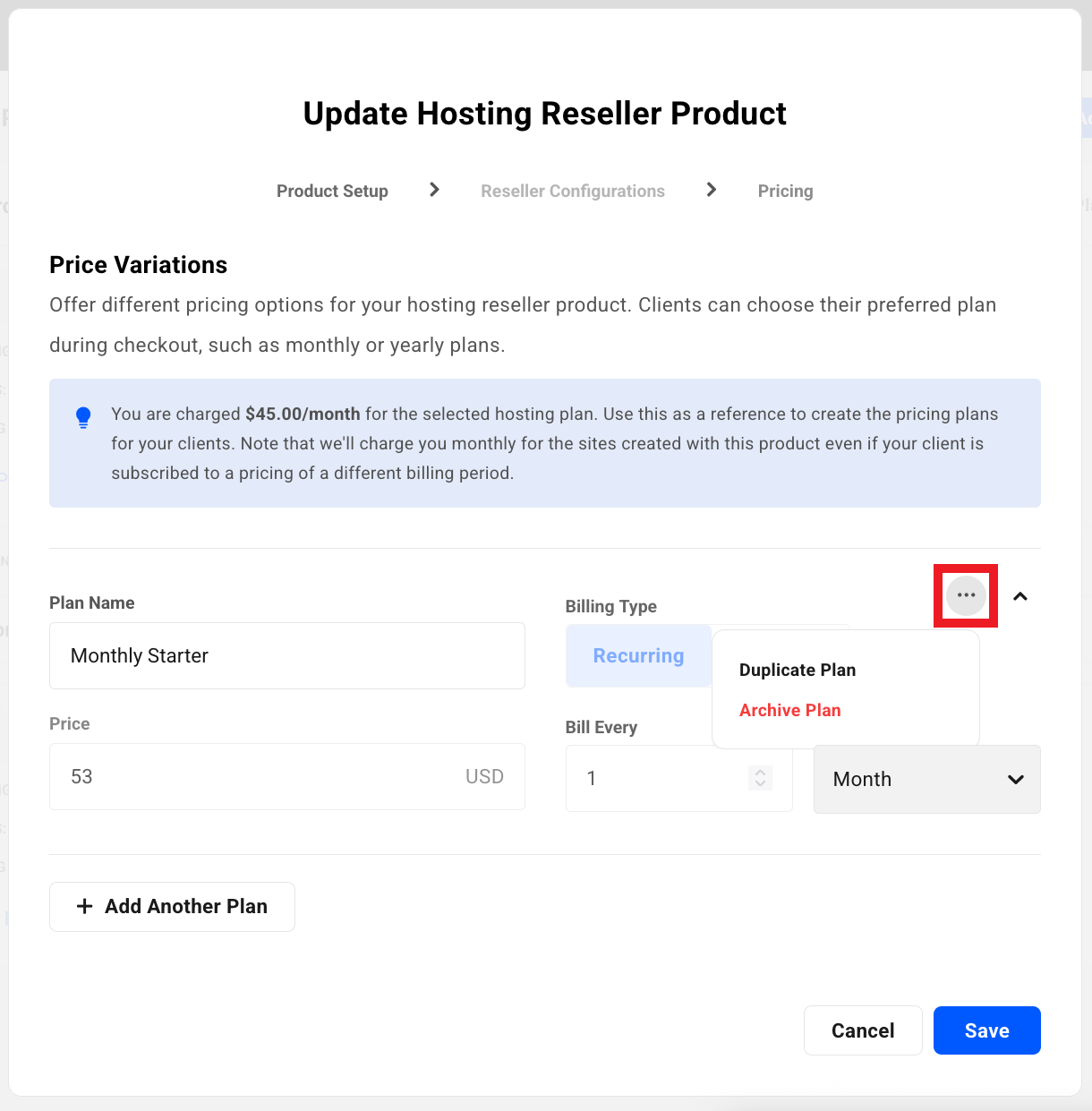 Edit a reseller pricing plan in the Hub