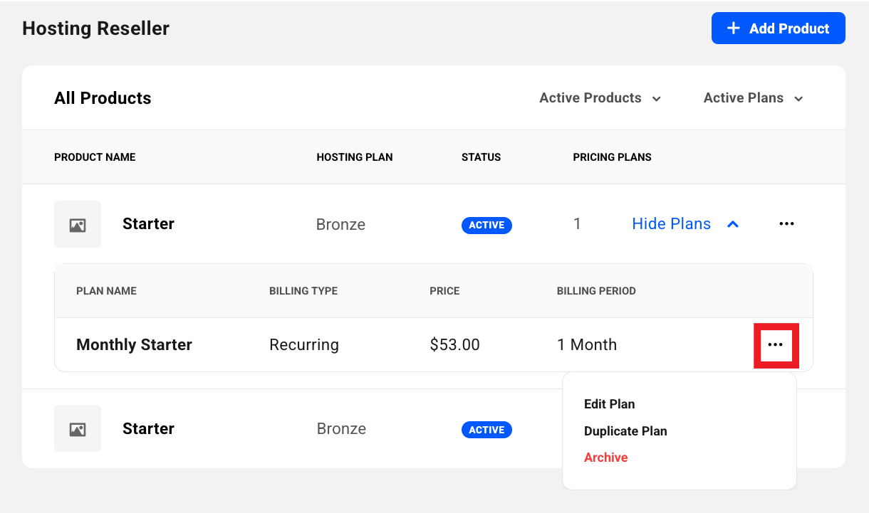 Reseller product plan options