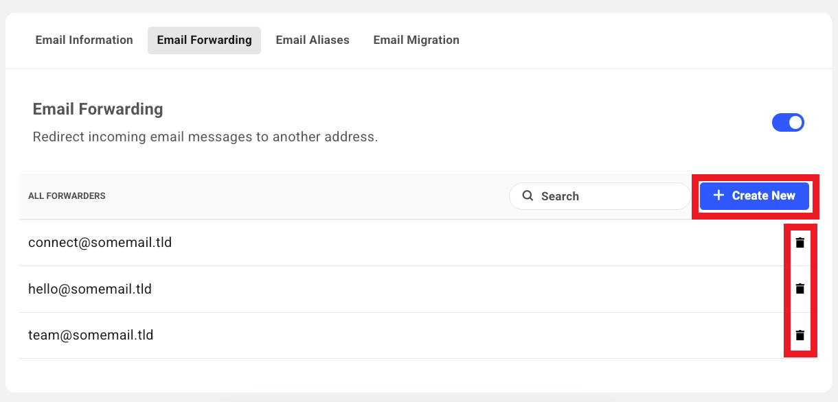 Add or delete email forwarder