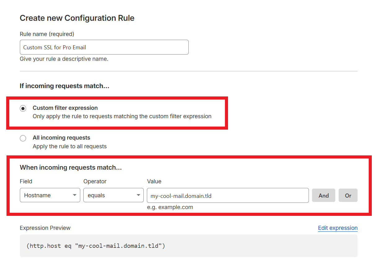 Requests options for a configuration rule at Cloudflare