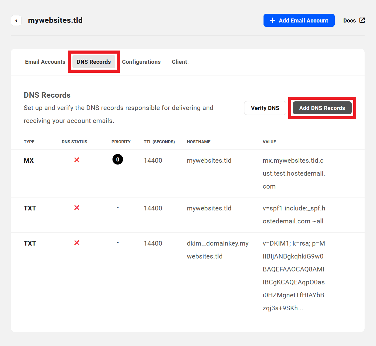 Add DNS records for an email domain
