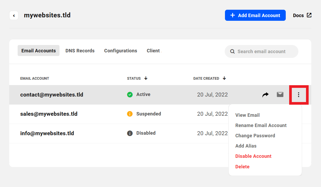 Management options for an email account