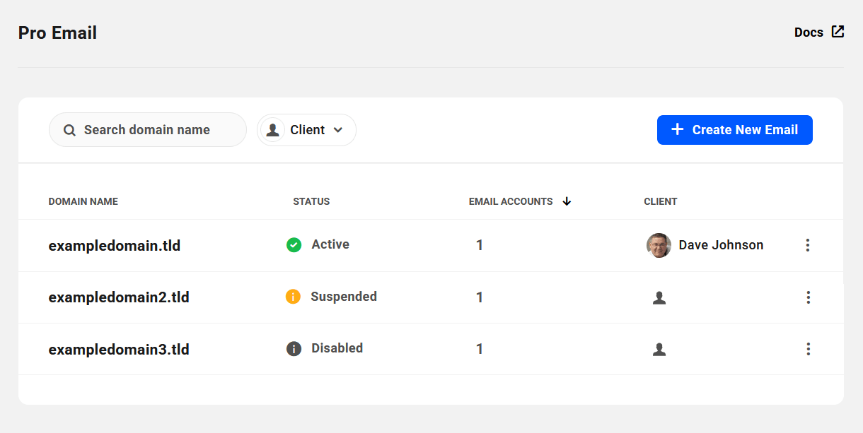 Pro Email overview screen in the Hub