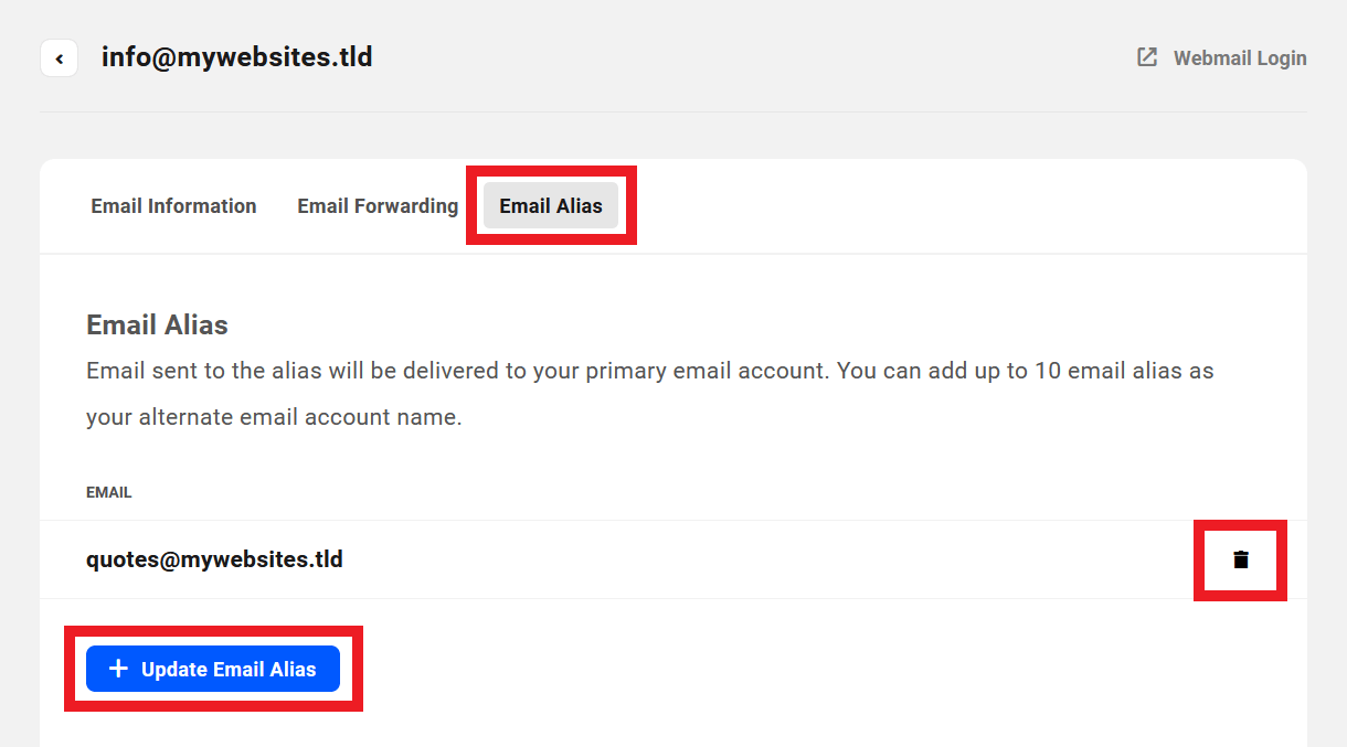 Update alias addresses from a webmail account
