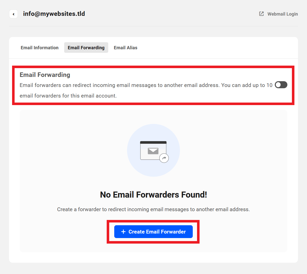 Add forwarding addresses to a webmail account