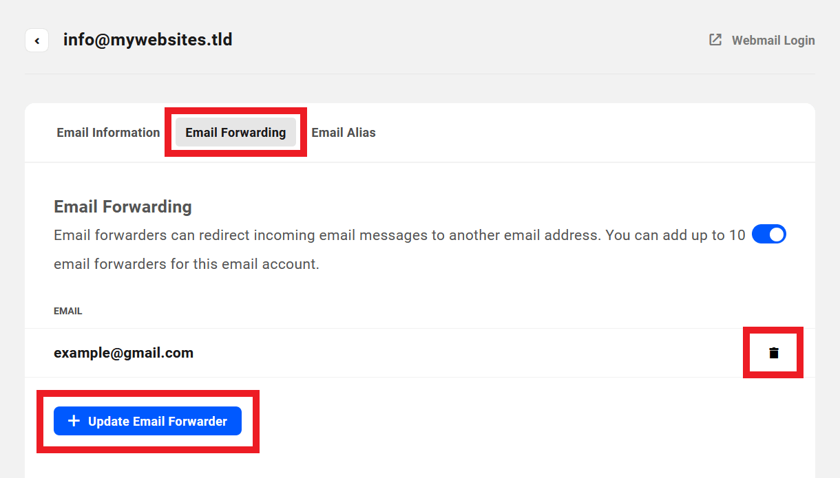 Update forwarding addresses of a webmail account