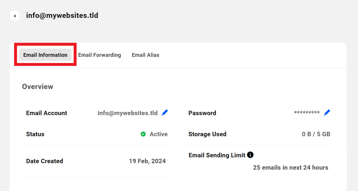 Client view of email account info in the Hub
