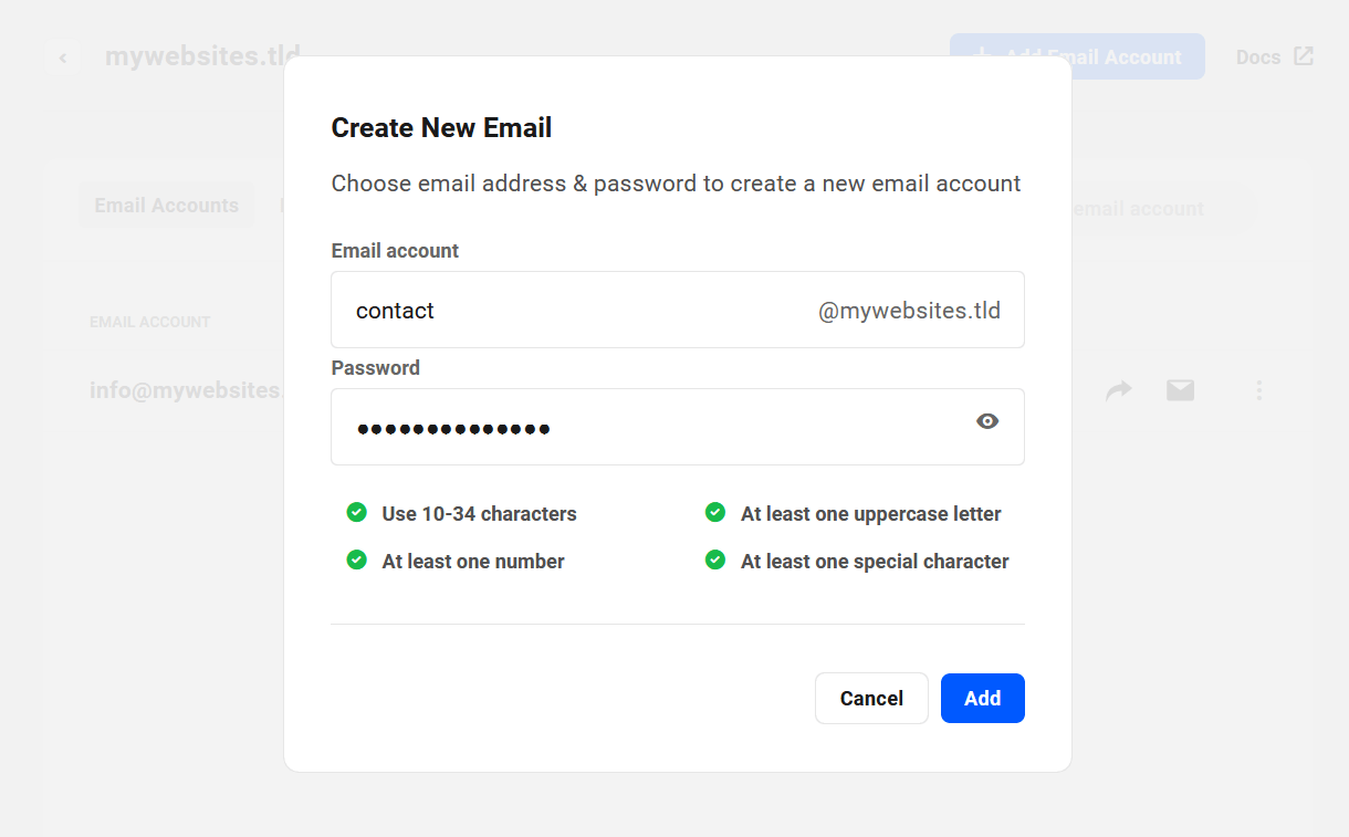 Enter address and password for a new email account