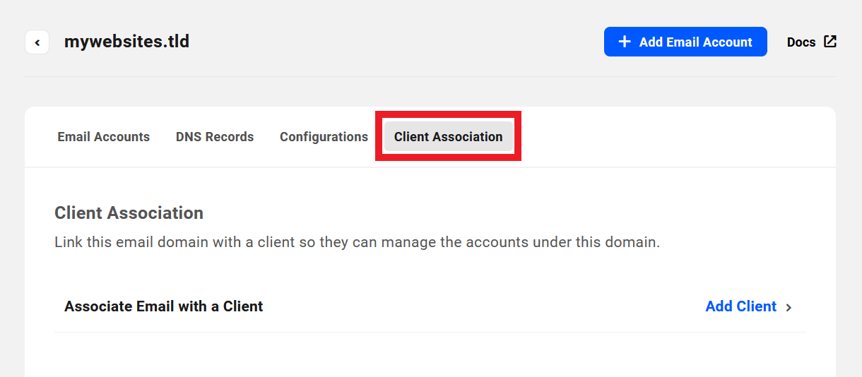 Associate a webmail domain with a client
