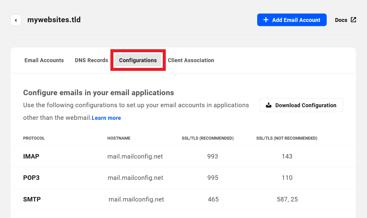 Configuration information for email applications