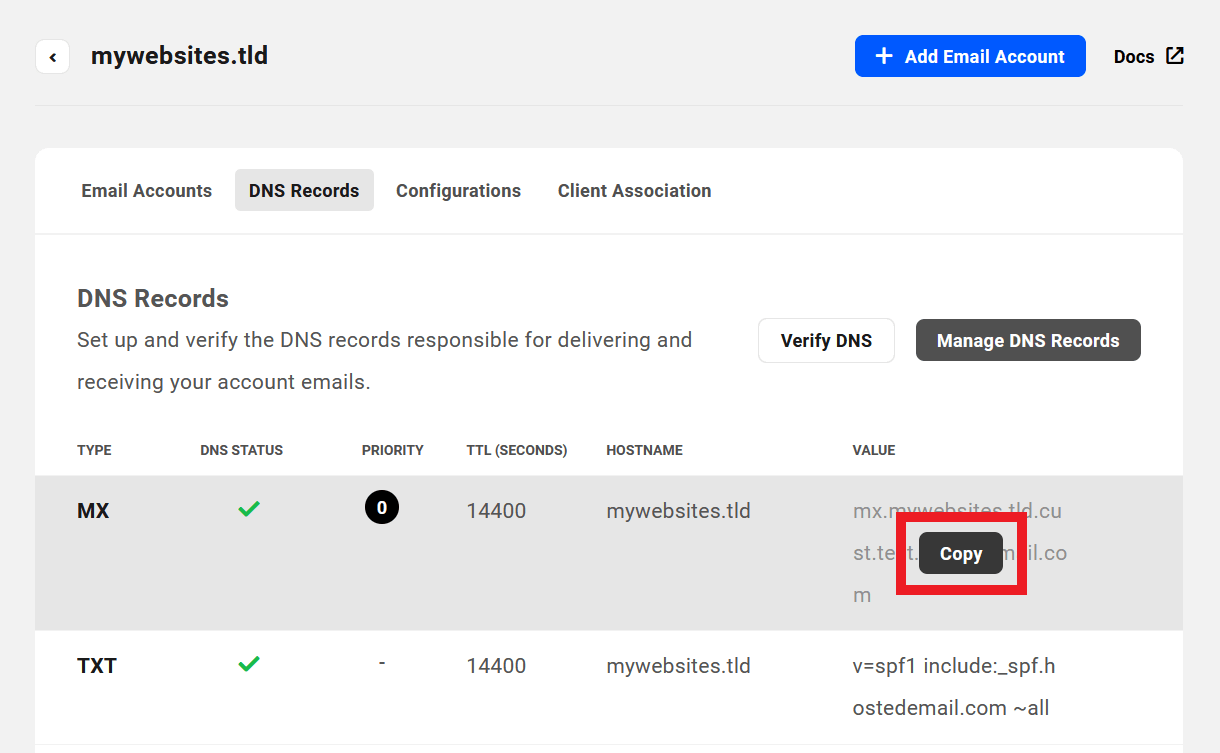 Copy DNS records for a webmail domain