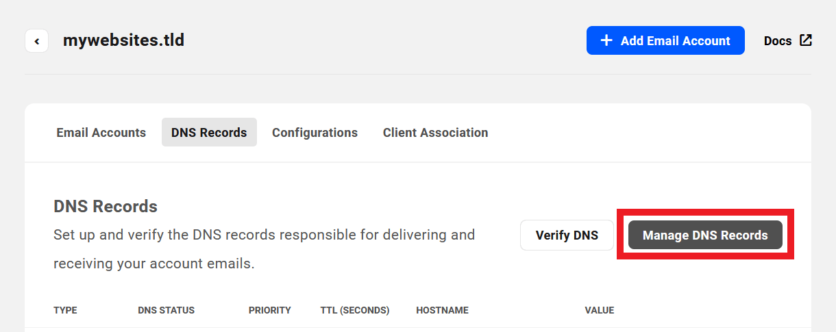 Manage DNS records for a webmail domain