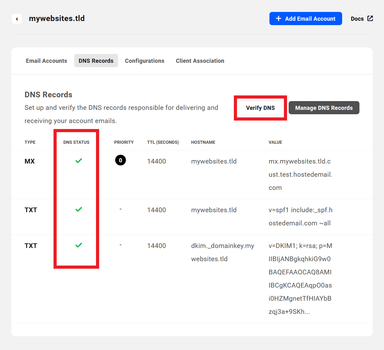 Verify DNS records for a webmail domain