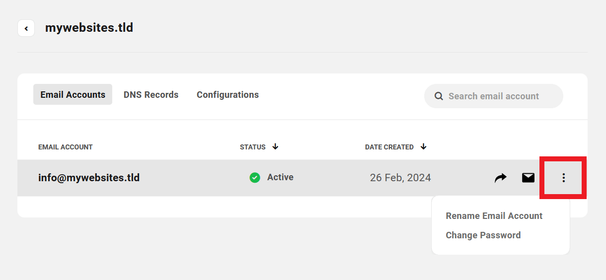 Client view of webmail management options in the Hub