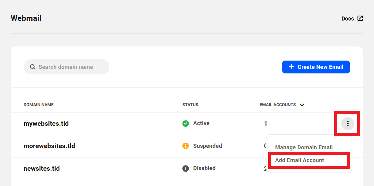 Add a new email account to a webmail domain