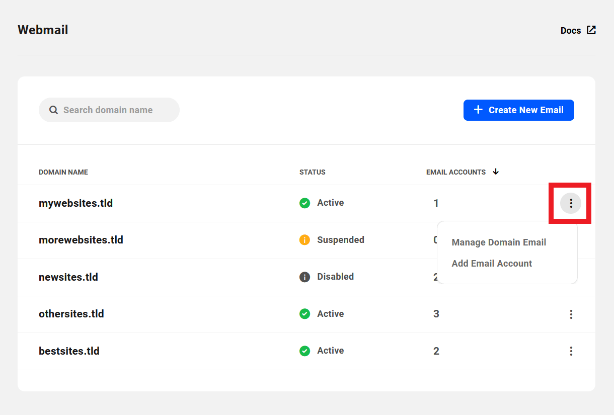 Webmail domain management options