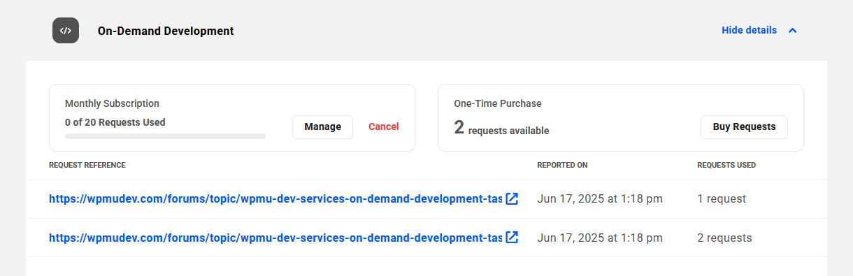 Manage On-Demand Development requests on your WPMU DEV account page