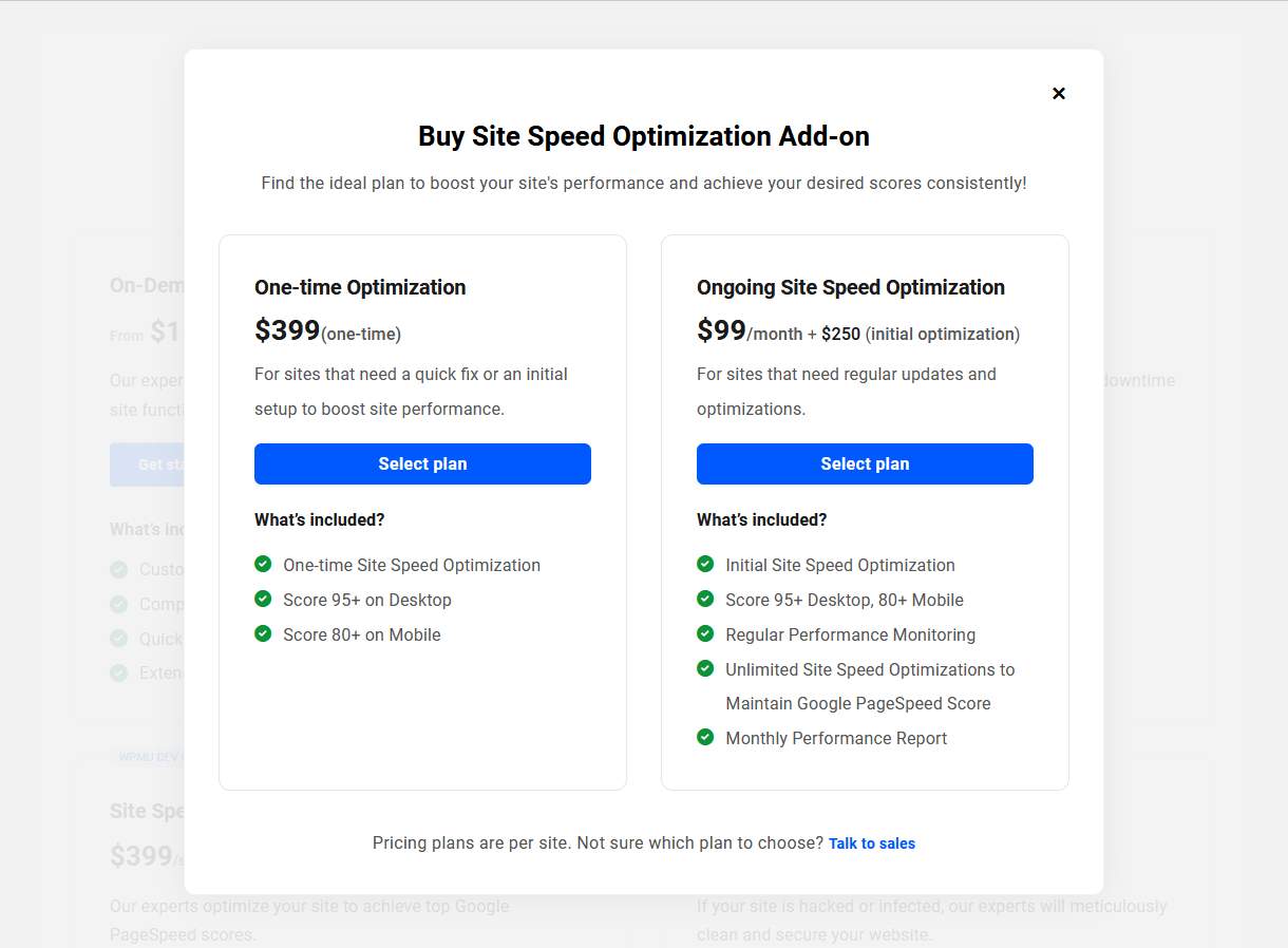 Select Site Speed Optimization plan