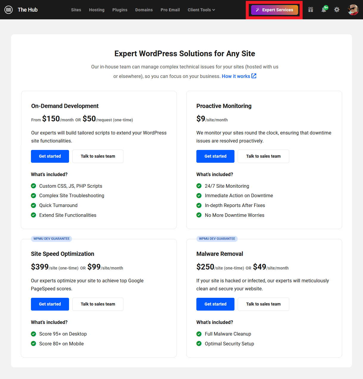Expert Services page in the Hub