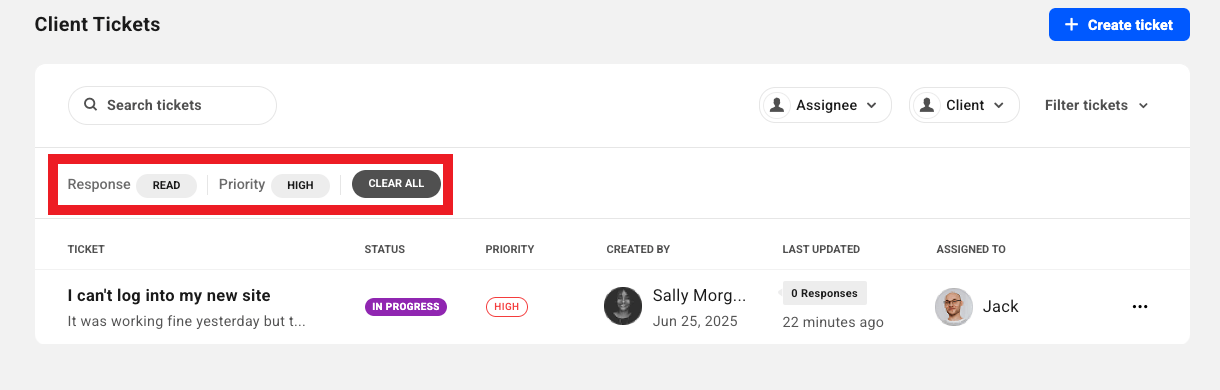 Clearing Hub ticket filters