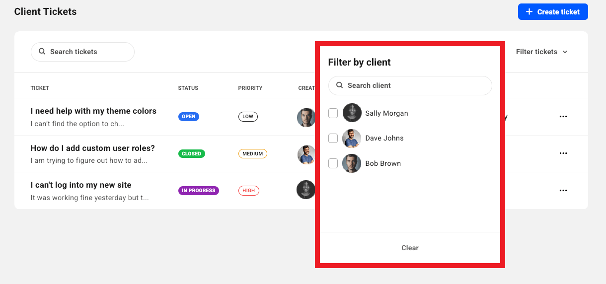 Filtering Hub tickets by client