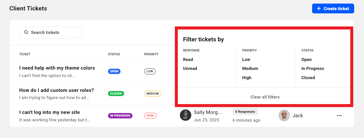 Filter submitted tickets