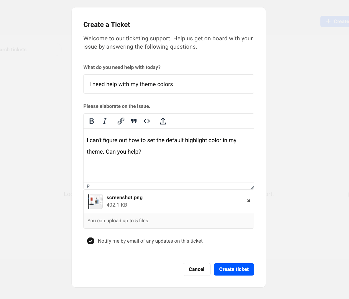 Create ticket modal window in the Hub