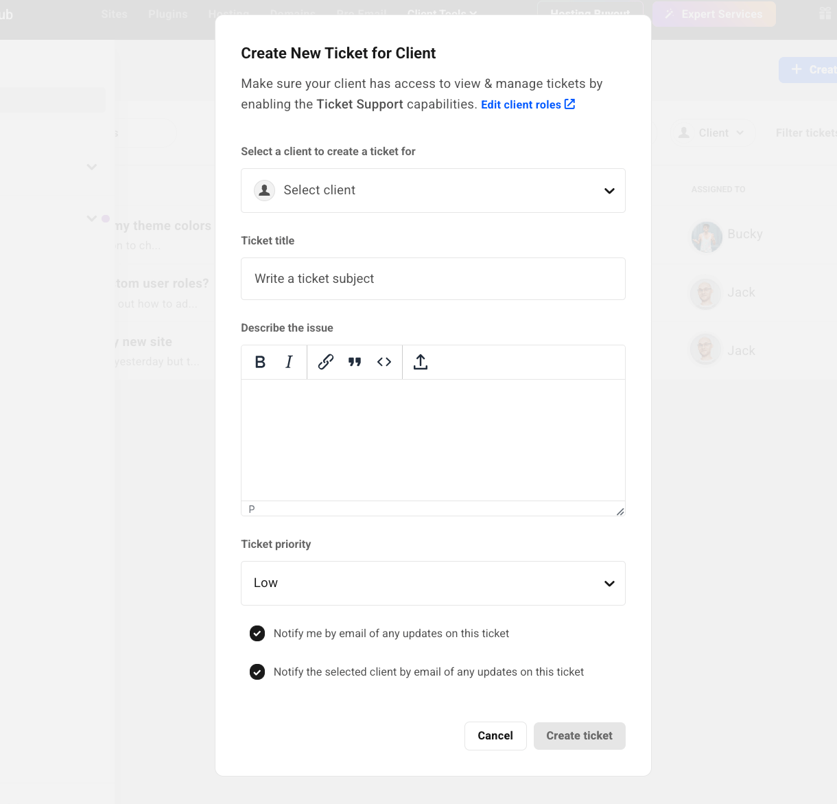 Create ticket modal window in the Hub