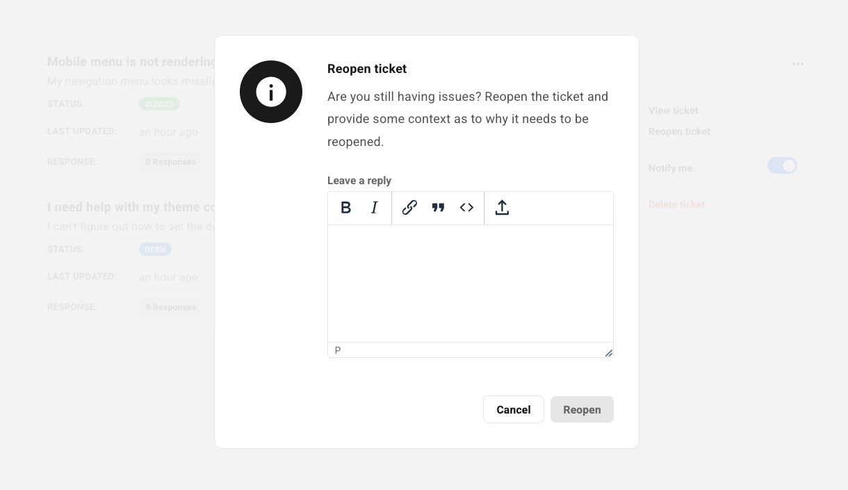 Adding a reply when reopening a ticket on the Hub