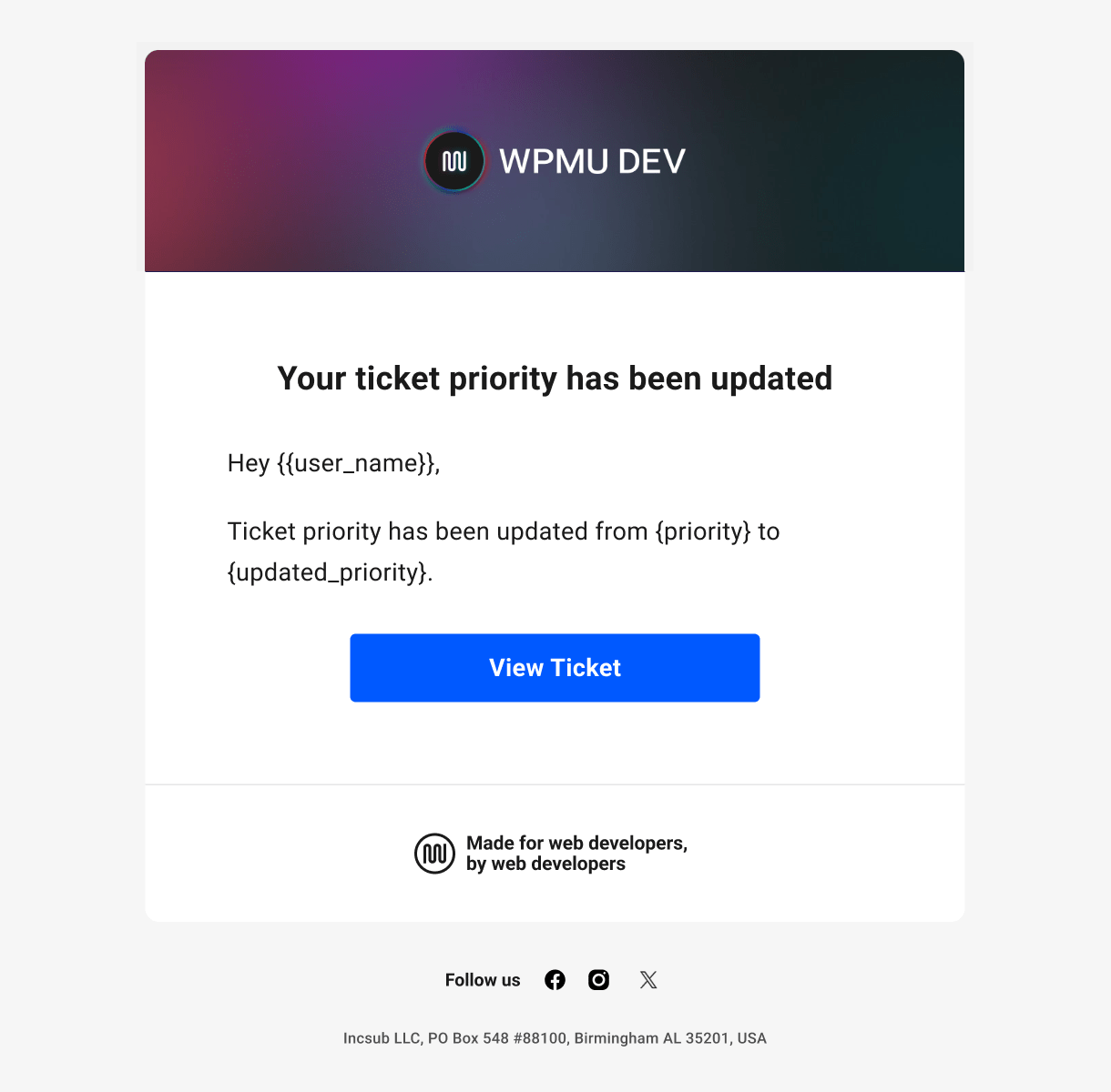 Hub Tickets email to member - priority updated