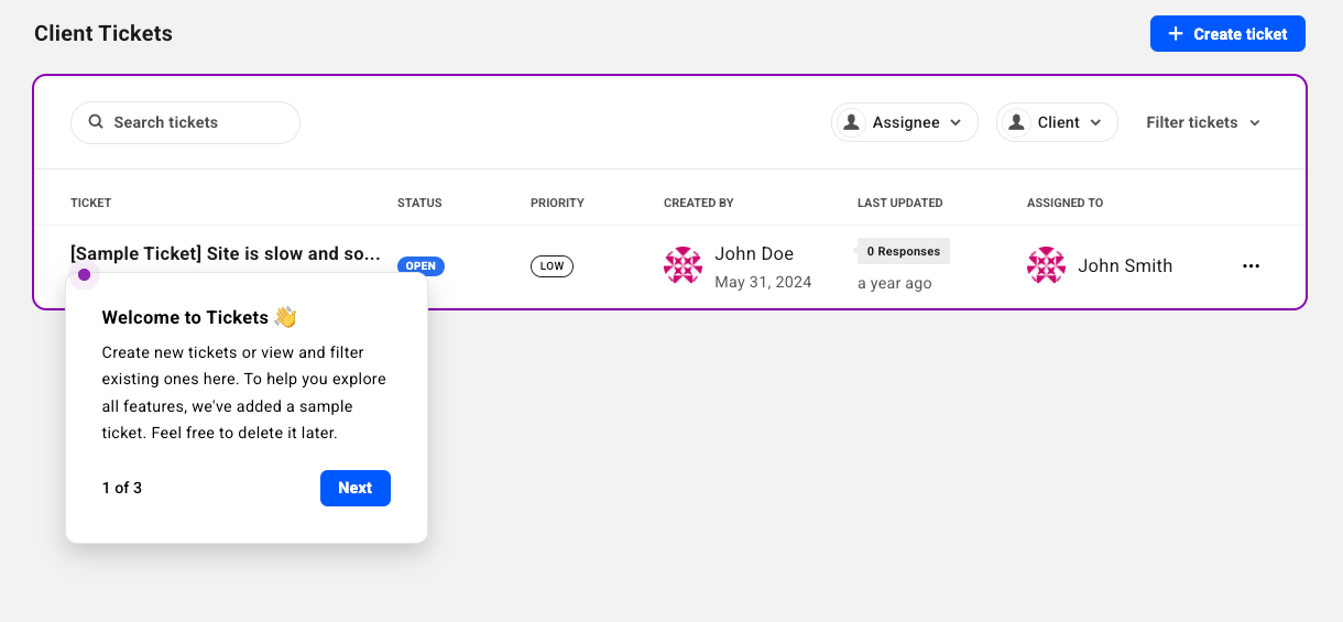 Tickets onboarding tour