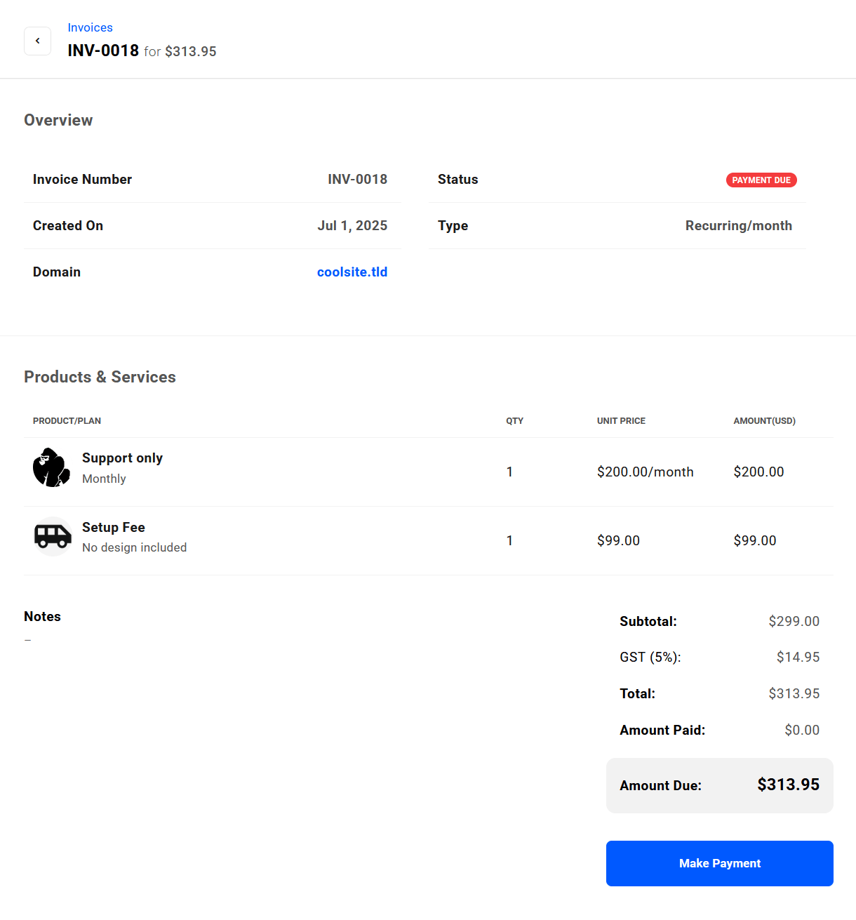 Client view of due invoice in your client portal