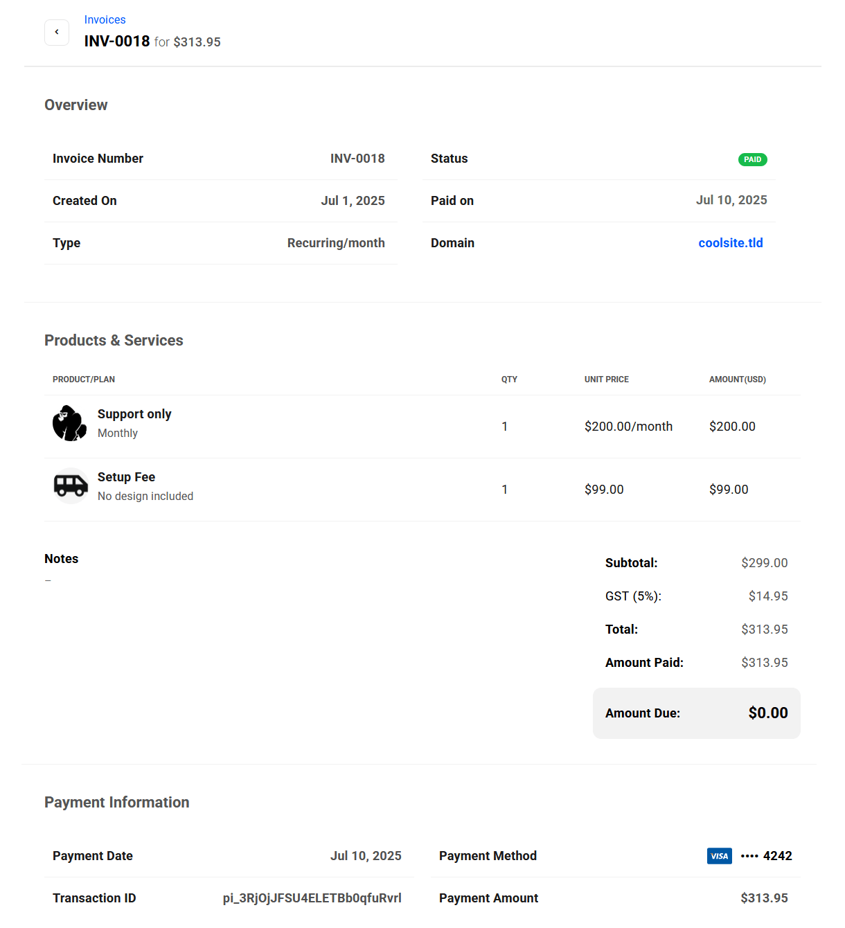Client view of paid invoice in your client portal