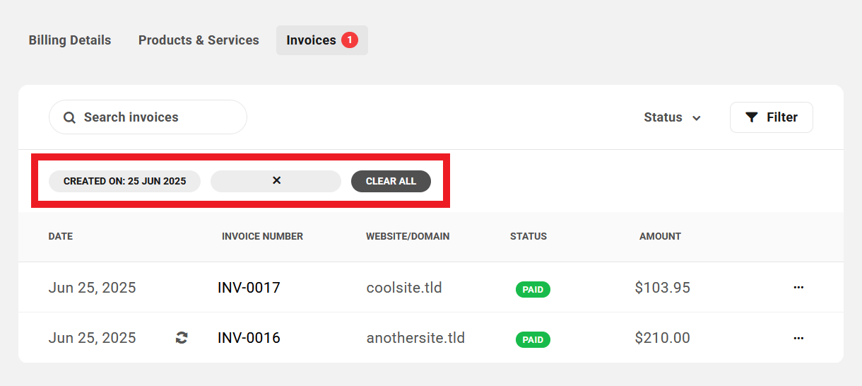 Clear client invoice filters in your client portal