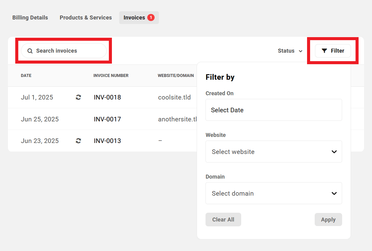 Client invoice filters in your client portal