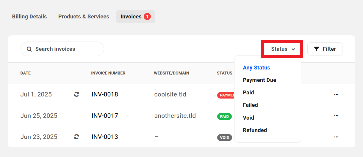 Client view of Invoice Status filter in your client portal
