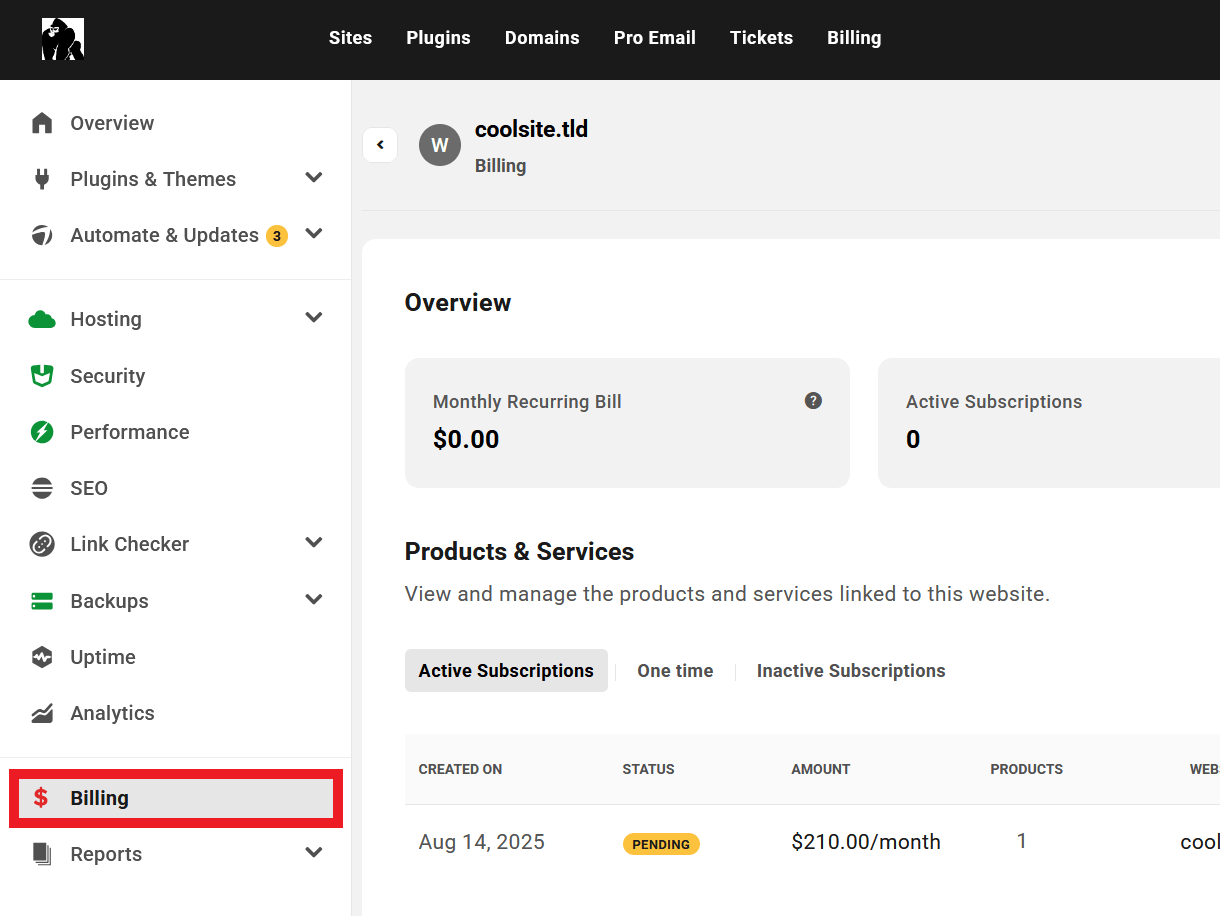 Client view of Billing tab in a site in your client portal