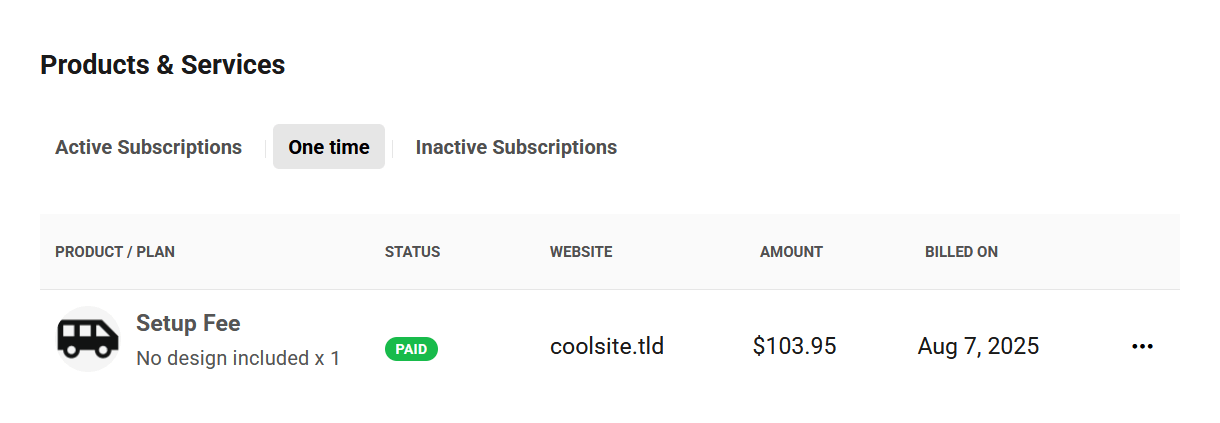 Client's one-time billed site products in your client portal