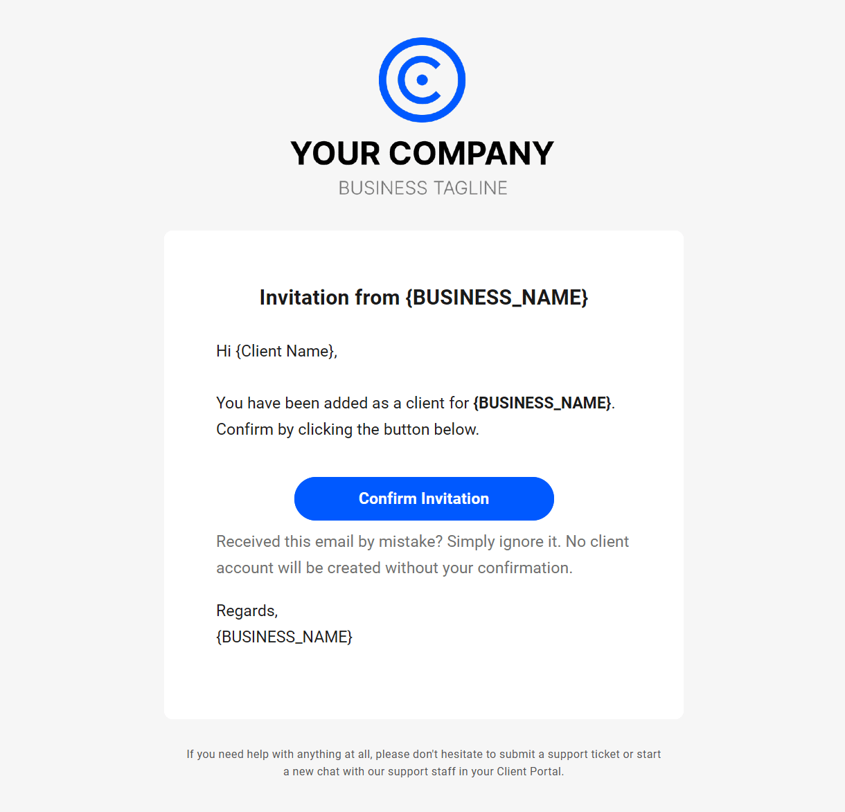Email sent to a client when invited to join your client portal